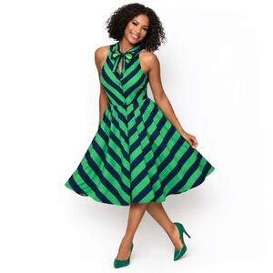 Girls From Savoy Striped Halter Dress Fit & Flare Green Blue Size 6 Preppy Retro